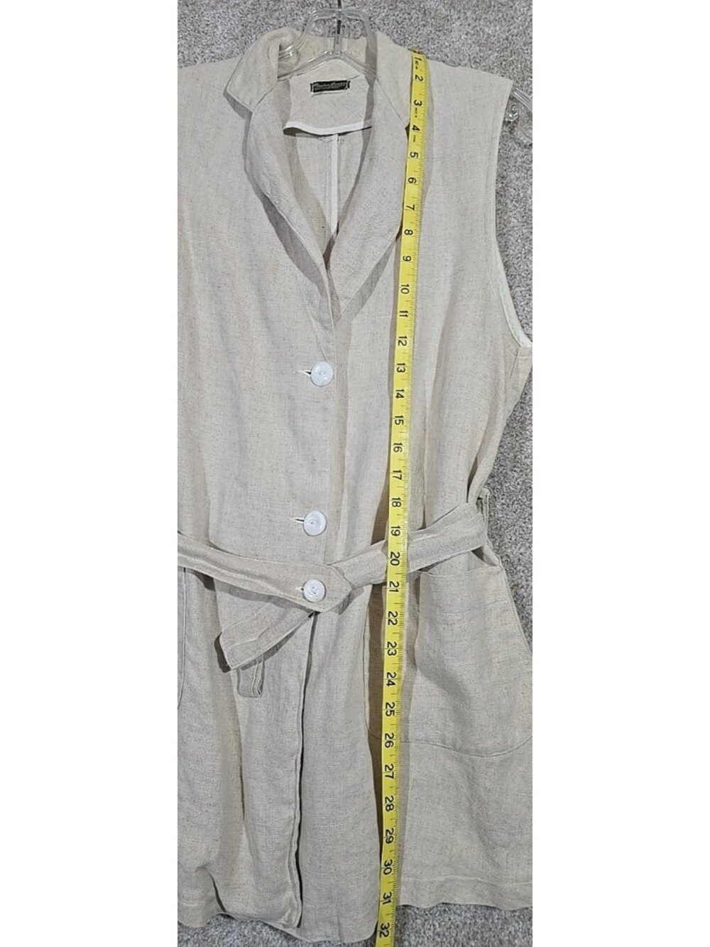 Vtg Linen Vest Long Belted Pockets Collar Beige Boho Maiden America Denver Sz S - Picture 4 of 11